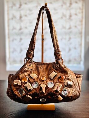 Kathy Van Zeeland Bronze Python Gem Embellished Y2K Glam Shoulder Bag